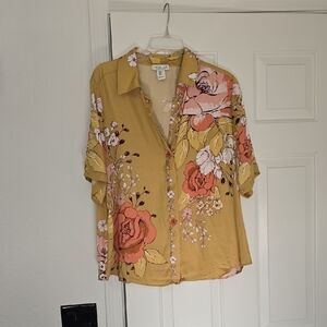 Rachel Zoe Floral Mustard Button-Up Blouse Sz Xl
